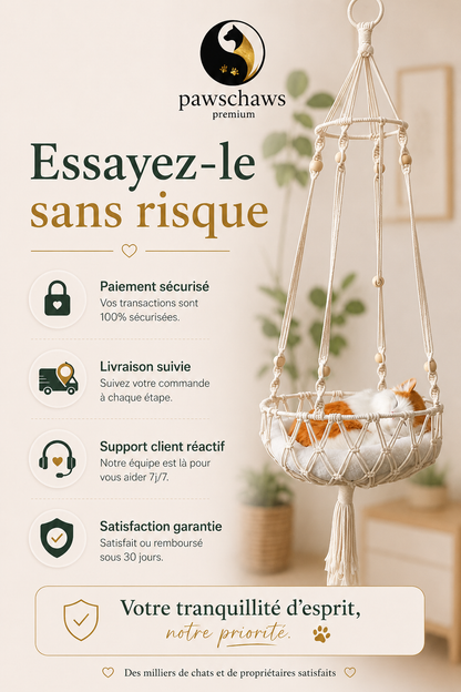 Hamac suspendu pour chat accompagné des garanties paiement sécurisé, livraison suivie et satisfait ou remboursé.