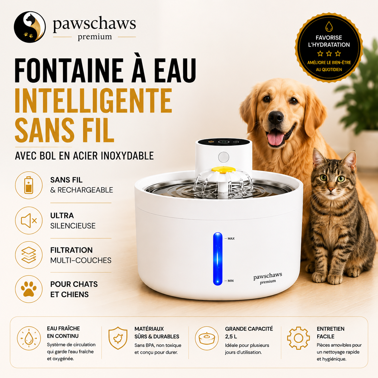 Fontaine à eau intelligente sans fil PawsChaws avec bol en acier inoxydable pour chats et chiens.