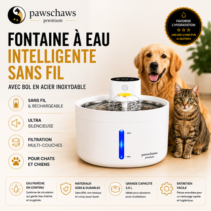 Fontaine à eau intelligente sans fil PawsChaws avec bol en acier inoxydable pour chats et chiens.