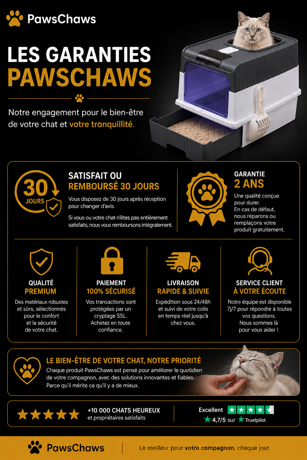 Garanties PawsChaws pour la maison de toilette fermée pour chat