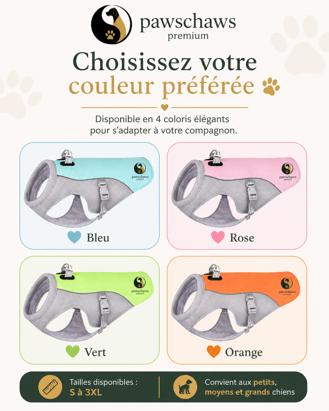 Gilet rafraîchissant Pawschaws disponible en plusieurs couleurs et tailles adaptées à tous les chiens.