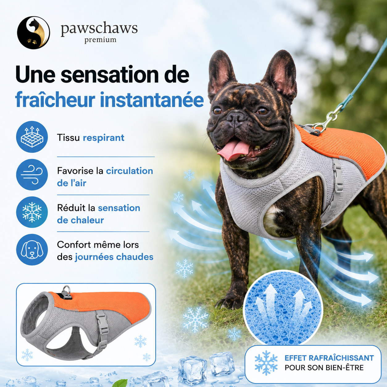 Chien profitant de l'effet rafraîchissant instantané du gilet de refroidissement Pawschaws lors d'une journée chaude.