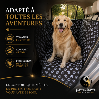 Golden Retriever confortablement installé sur la housse voiture Pawschaws Premium offrant confort optimal et protection complète du véhicule.