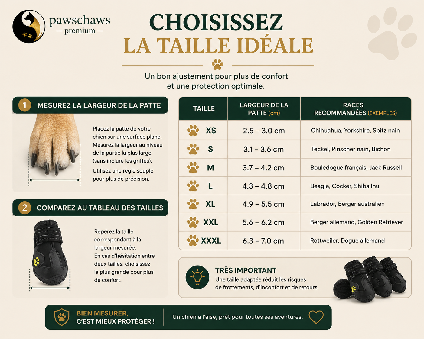Guide des tailles des chaussures Pawschaws pour choisir la taille idéale selon les pattes du chien.
