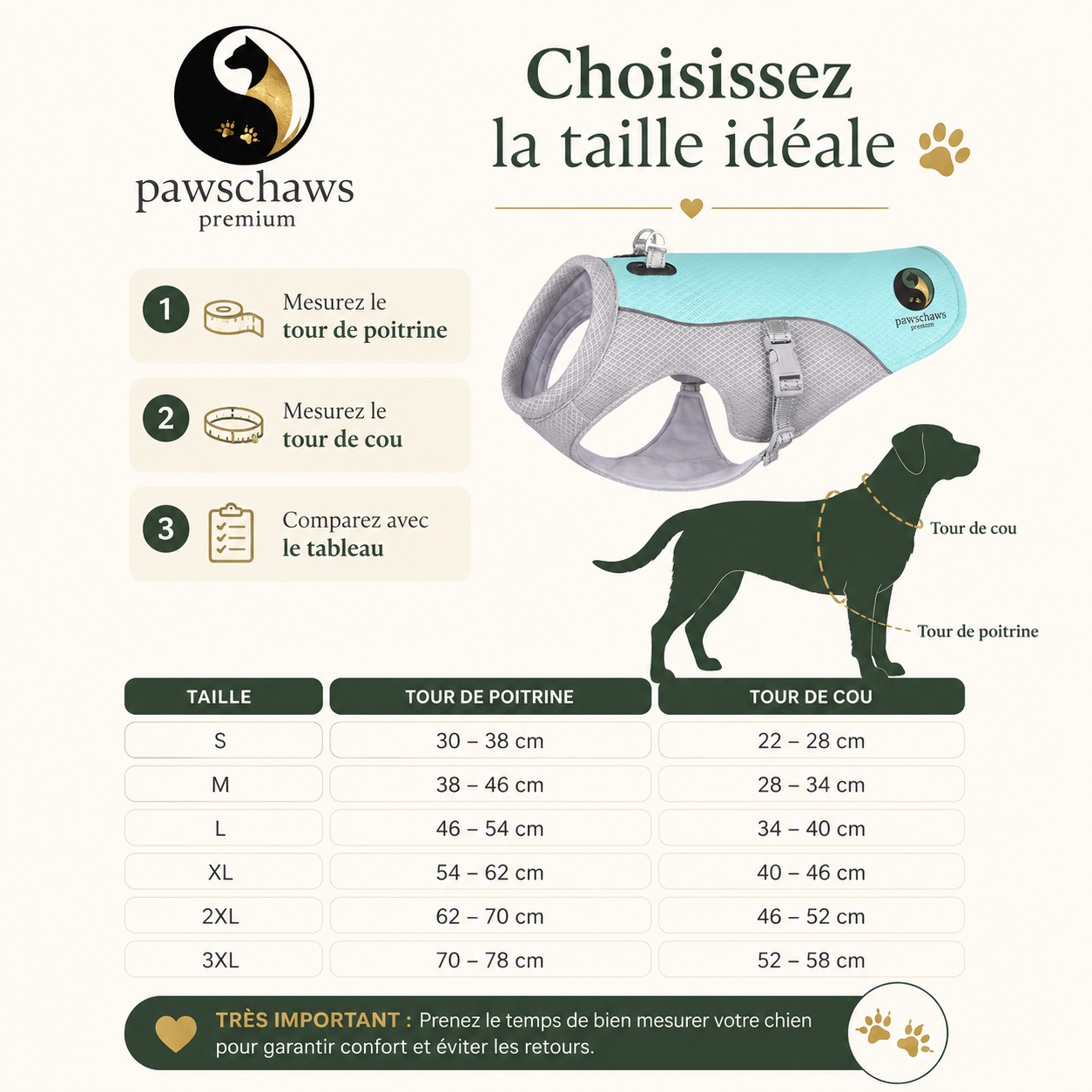 Guide des tailles du gilet rafraîchissant Pawschaws pour choisir la taille idéale de votre chien.
