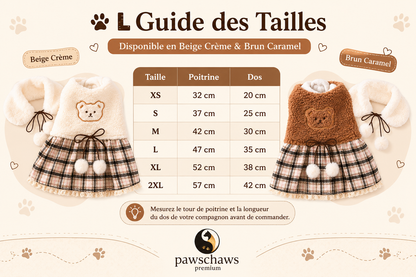 Guide des tailles Pawschaws Premium pour robe chien avec mesures poitrine et longueur du dos du XS au 2XL, disponible en beige crème et brun caramel.
