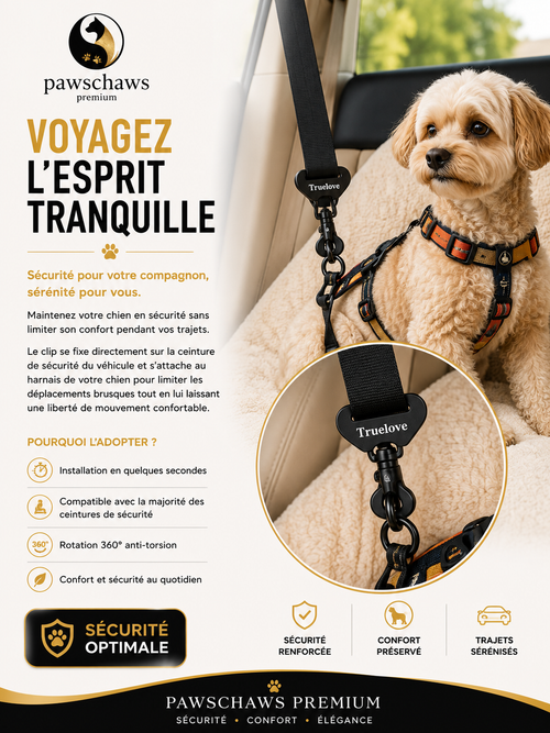 Chien attaché en voiture avec clip de sécurité Pawschaws Premium fixé à la ceinture de sécurité