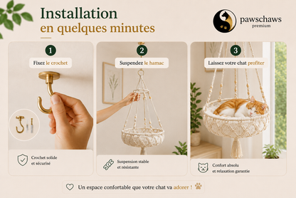 Guide d'installation rapide du hamac suspendu pour chat en trois étapes simples et sécurisées.