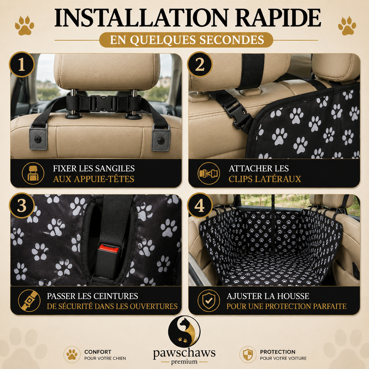 Guide d’installation rapide de la housse voiture Pawschaws Premium avec fixation aux appuie-têtes, clips latéraux et passages pour ceintures de sécurité.