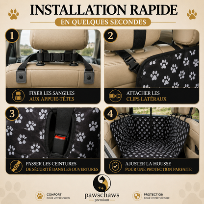 Guide d’installation rapide de la housse voiture Pawschaws Premium avec fixation aux appuie-têtes, clips latéraux et passages pour ceintures de sécurité.