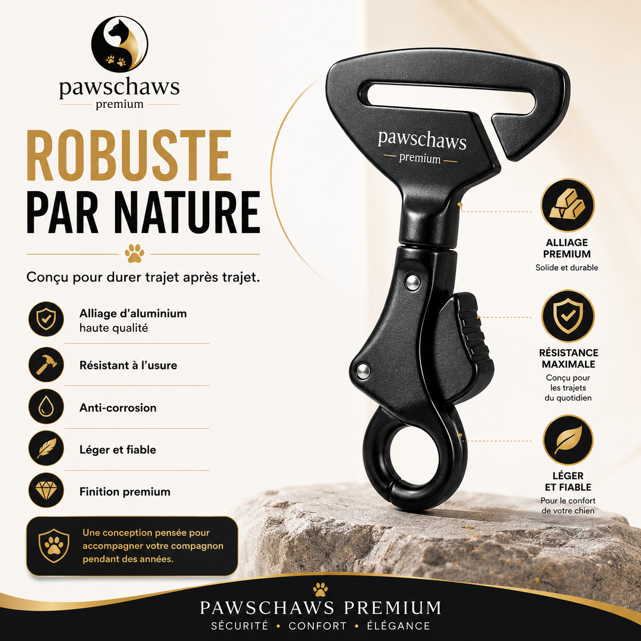 Installation du clip de sécurité Pawschaws Premium en trois étapes sur la ceinture de sécurité