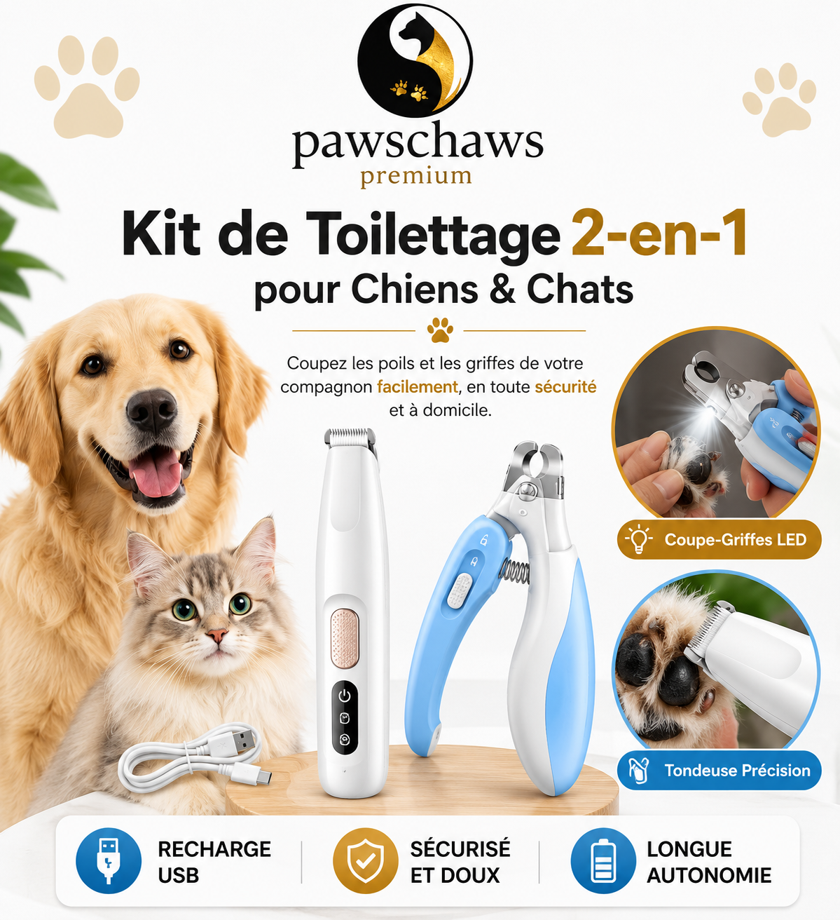 Kit de toilettage 2-en-1 Pawschaws Premium avec tondeuse de précision et coupe-griffes LED pour chiens et chats