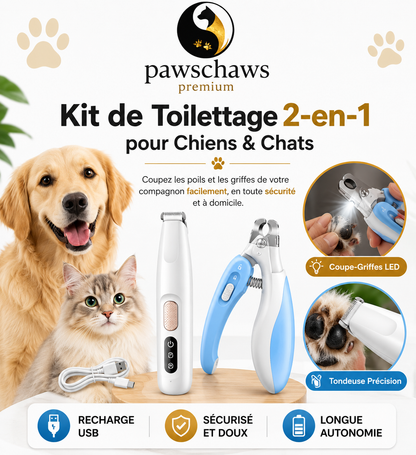 Kit de toilettage 2-en-1 Pawschaws Premium avec tondeuse de précision et coupe-griffes LED pour chiens et chats