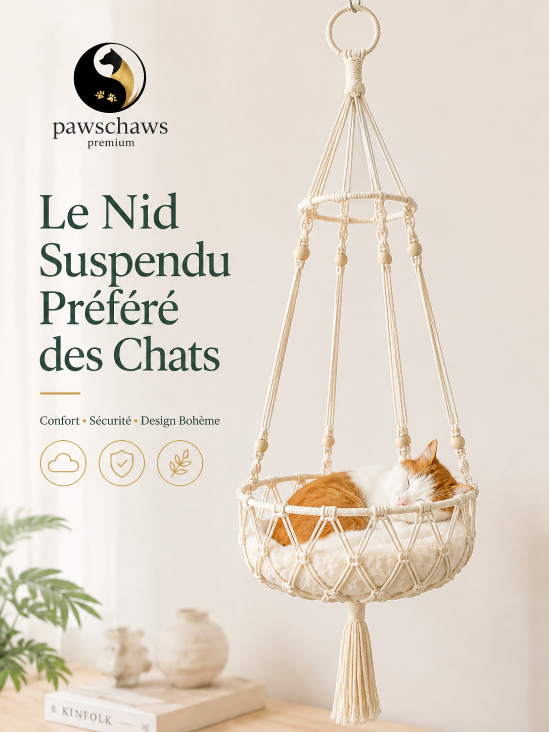 Hamac suspendu premium pour chat en macramé beige avec chat roux dormant confortablement dans un intérieur élégant.