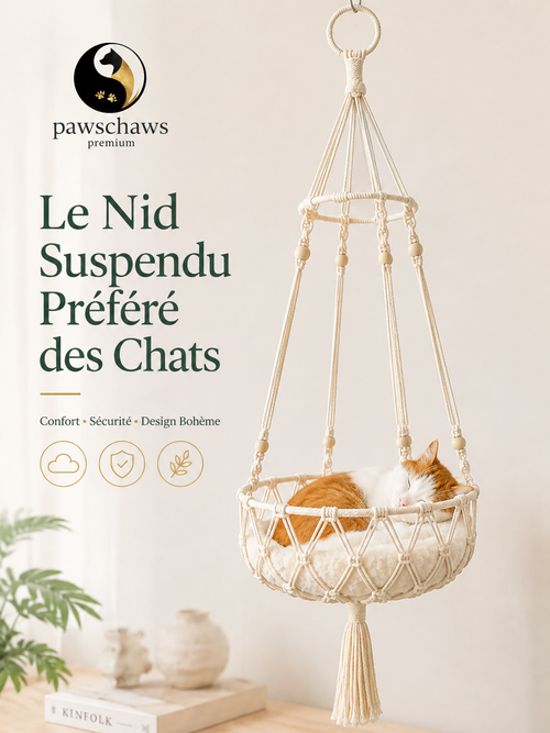 Hamac suspendu premium pour chat en macramé beige avec chat roux dormant confortablement dans un intérieur élégant.