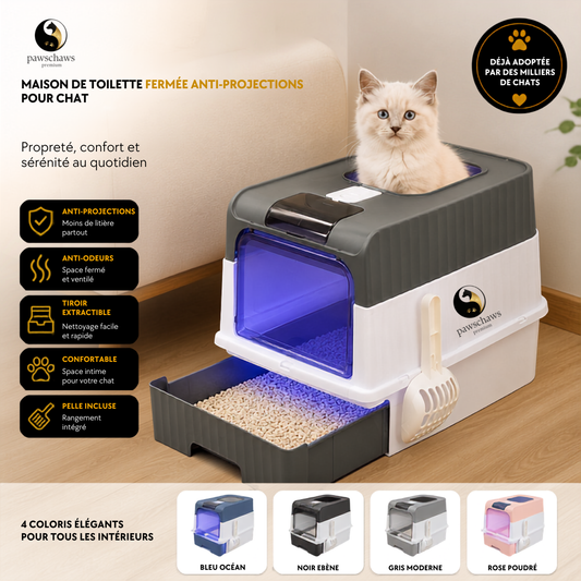 Litière fermée pour chat avec système anti-projections et tiroir de nettoyage Pawschaws.