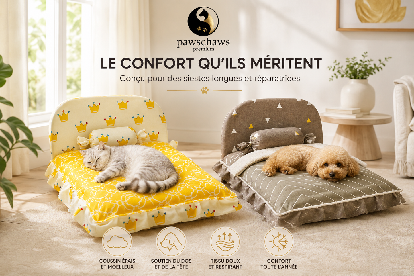 "Chien confortablement installé sur le lit Pawschaws Premium avec rembourrage ultra moelleux."