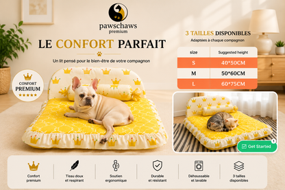 "Guide des dimensions du lit Pawschaws Premium avec mesures des tailles S, M et L."