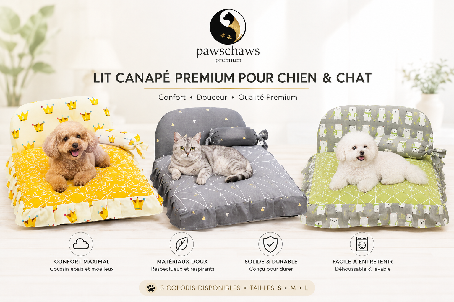 "Lit canapé Pawschaws Premium pour chien et chat avec coussin moelleux et design confortable."