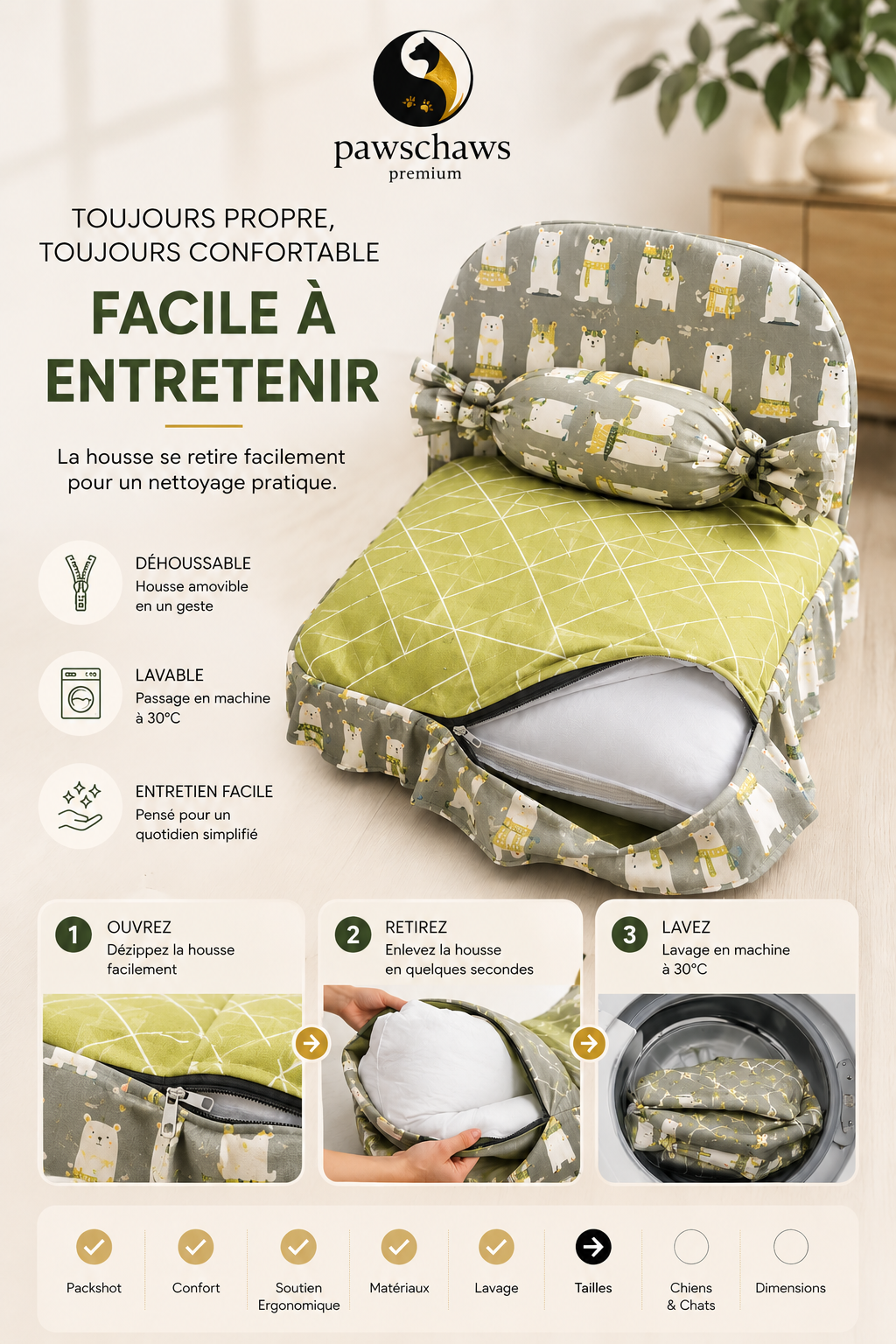 "Housse amovible et lavable du lit Pawschaws Premium pour un entretien facile."