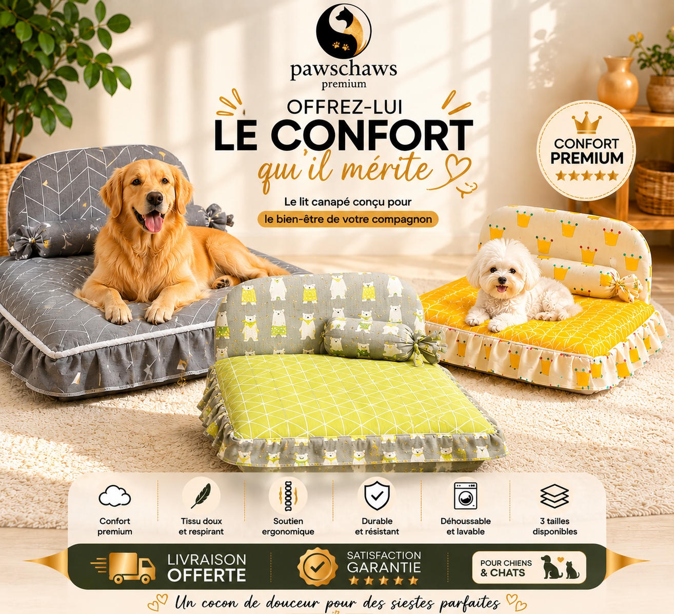 "Collection Pawschaws Premium avec les différents coloris du lit canapé pour chiens et chats."