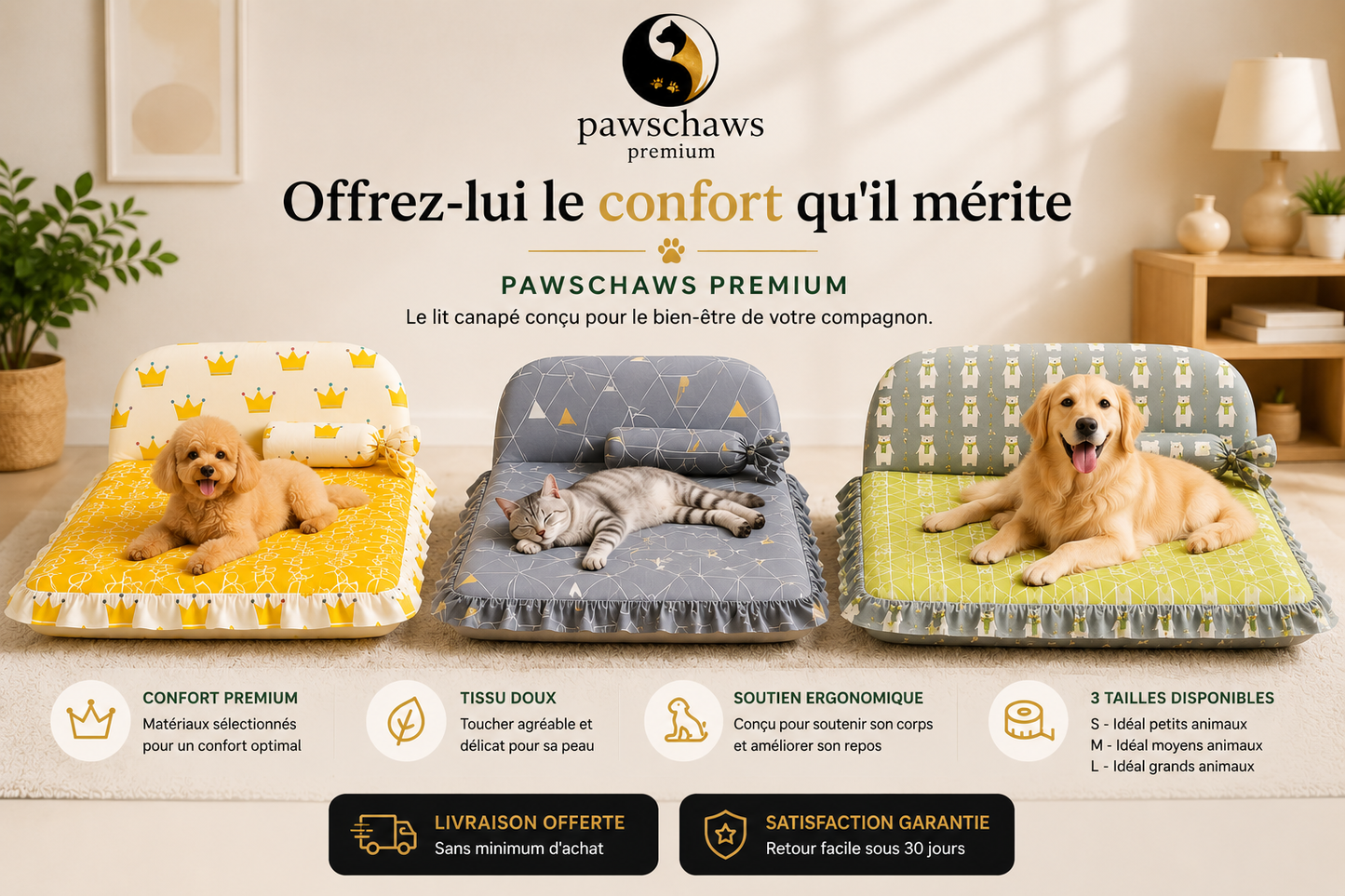 "Chiens et chats utilisant le lit Pawschaws Premium adapté à toutes les races."