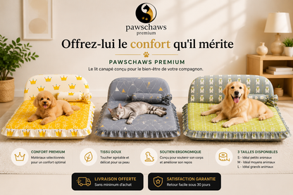 "Chiens et chats utilisant le lit Pawschaws Premium adapté à toutes les races."