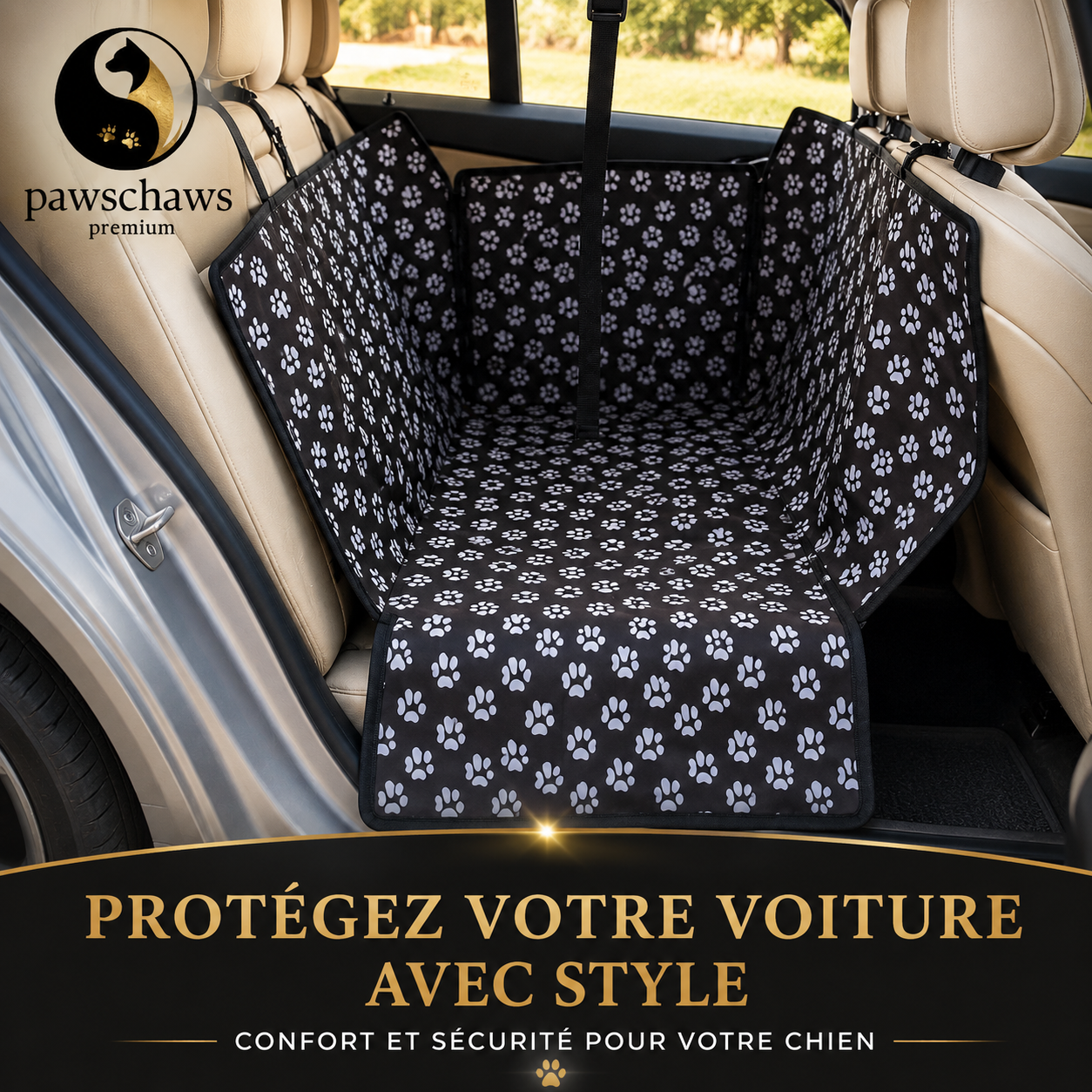 Housse de voiture pour chien Pawschaws Premium installée sur une banquette arrière beige protégeant intégralement les sièges contre les poils, griffures et saletés.