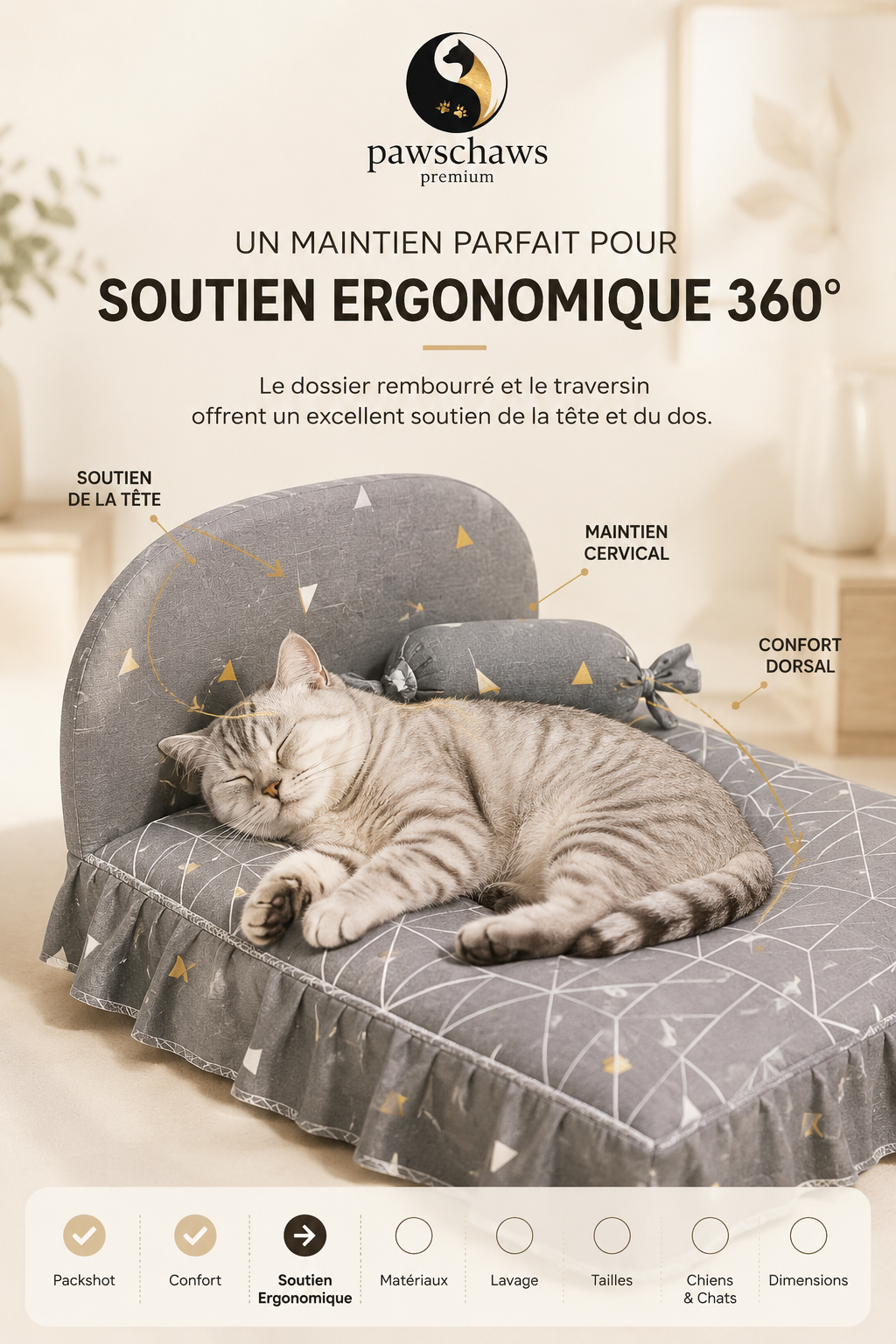 "Lit Pawschaws Premium offrant un soutien ergonomique pour le repos des chiens et chats."