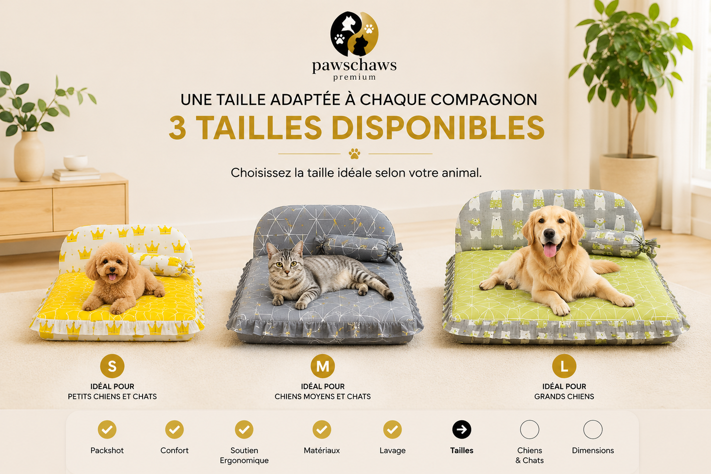 "Comparatif des tailles S, M et L du lit Pawschaws Premium pour chiens et chats."