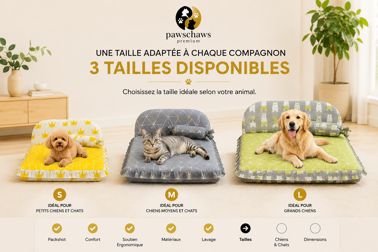 "Comparatif des tailles S, M et L du lit Pawschaws Premium pour chiens et chats."