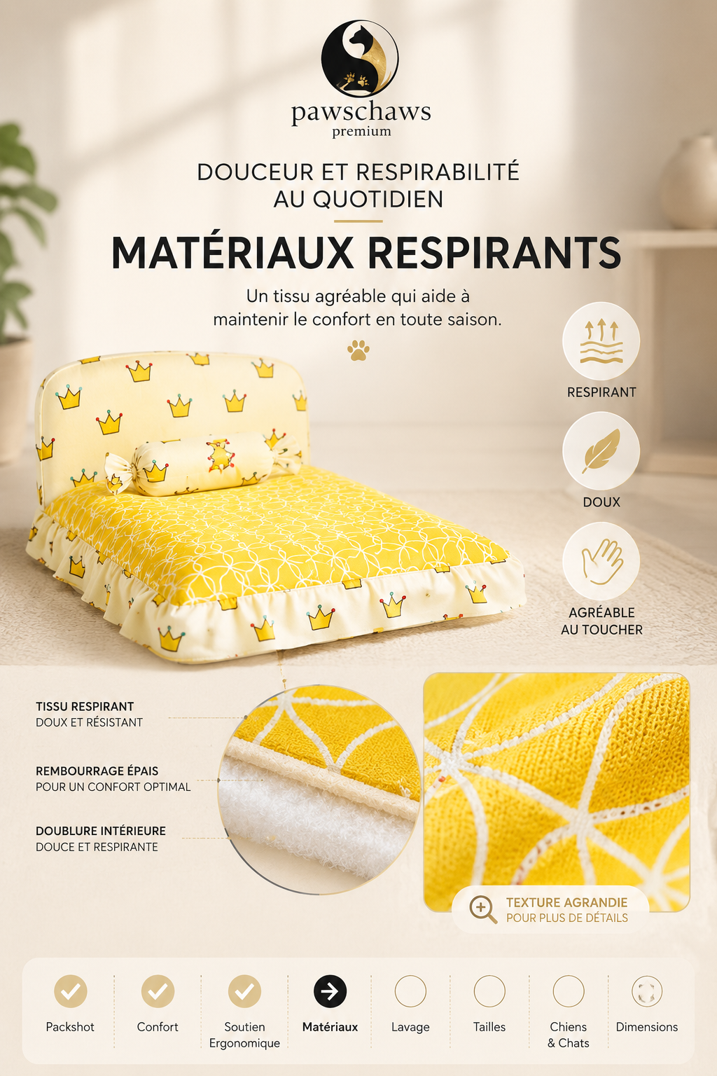 "Lit Pawschaws Premium conçu avec un tissu respirant, doux et agréable au toucher."