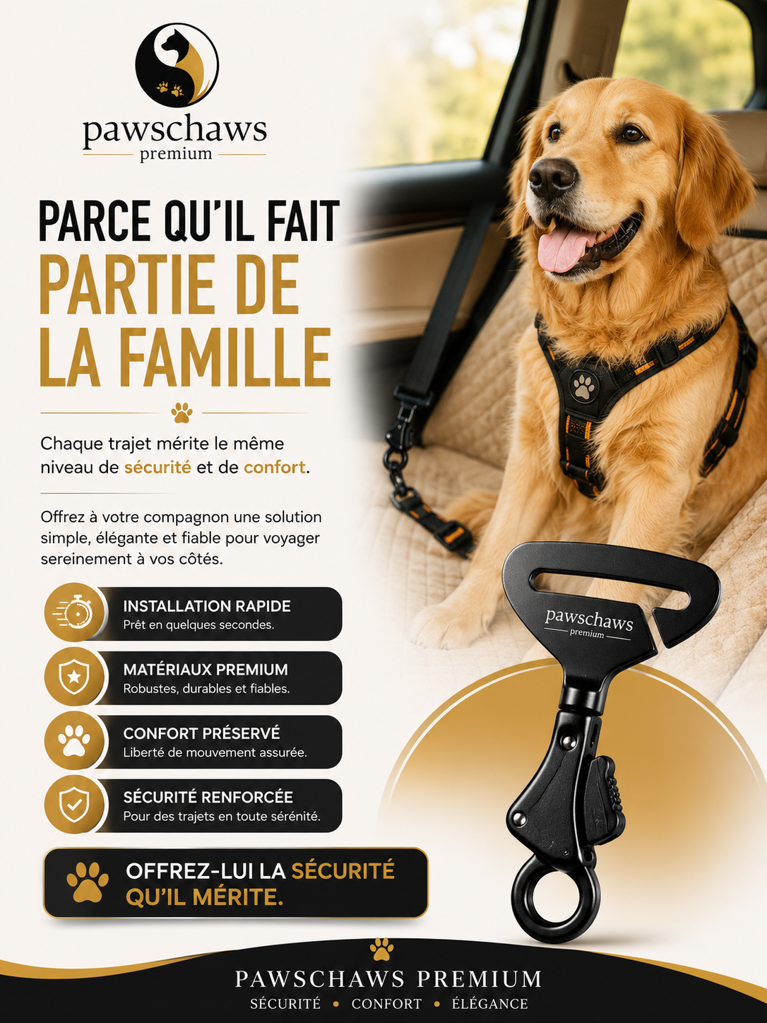 Avantages du clip de sécurité Pawschaws Premium pour voyager avec son chien en voiture