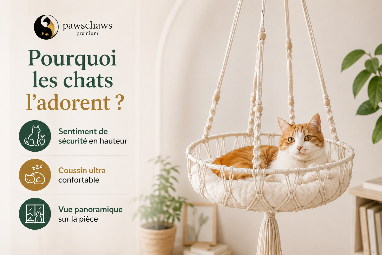 Chat détendu dans un hamac suspendu en macramé offrant sécurité, confort et vue en hauteur.