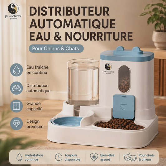 Vidéo démonstration du distributeur automatique d'eau et de nourriture pour chats et chiens en utilisation quotidienne.