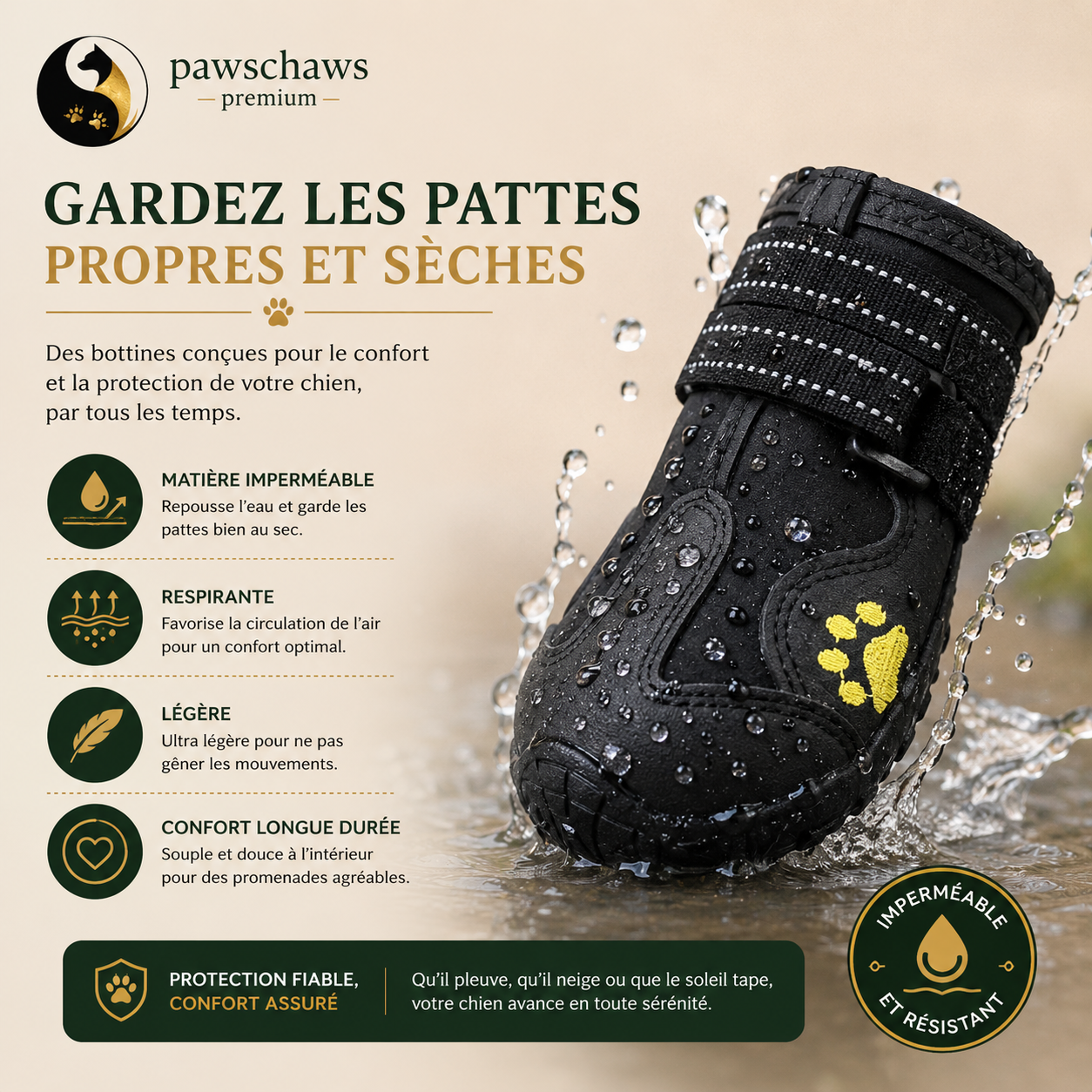 Chaussures imperméables Pawschaws gardant les pattes du chien propres, sèches et protégées.