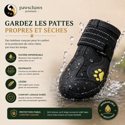 Chaussures imperméables Pawschaws gardant les pattes du chien propres, sèches et protégées.
