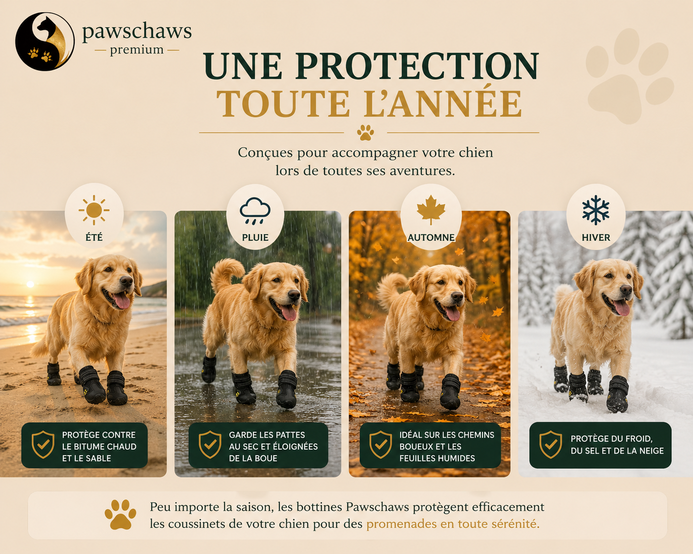 Protection complète des coussinets du chien contre la pluie, la neige, le bitume chaud et les surfaces abrasives.