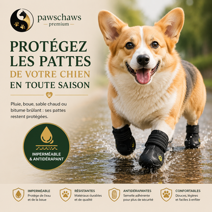Chaussures Pawschaws protégeant les pattes du chien toute l'année contre la chaleur, le froid et les terrains difficiles.