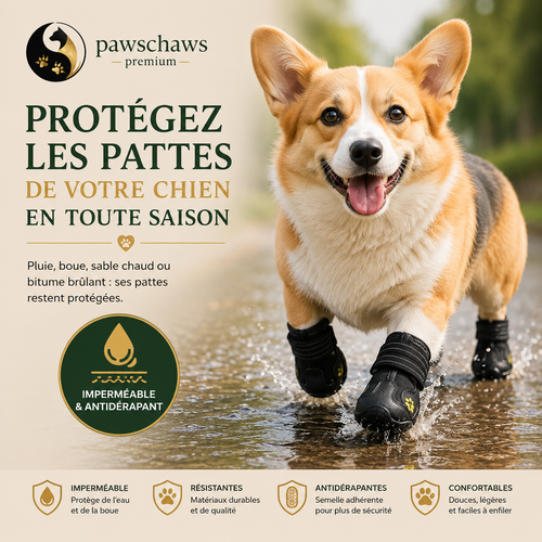 Chaussures Pawschaws protégeant les pattes du chien toute l'année contre la chaleur, le froid et les terrains difficiles.