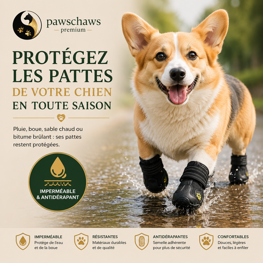 Chaussures Pawschaws protégeant les pattes du chien toute l'année contre la chaleur, le froid et les terrains difficiles.
