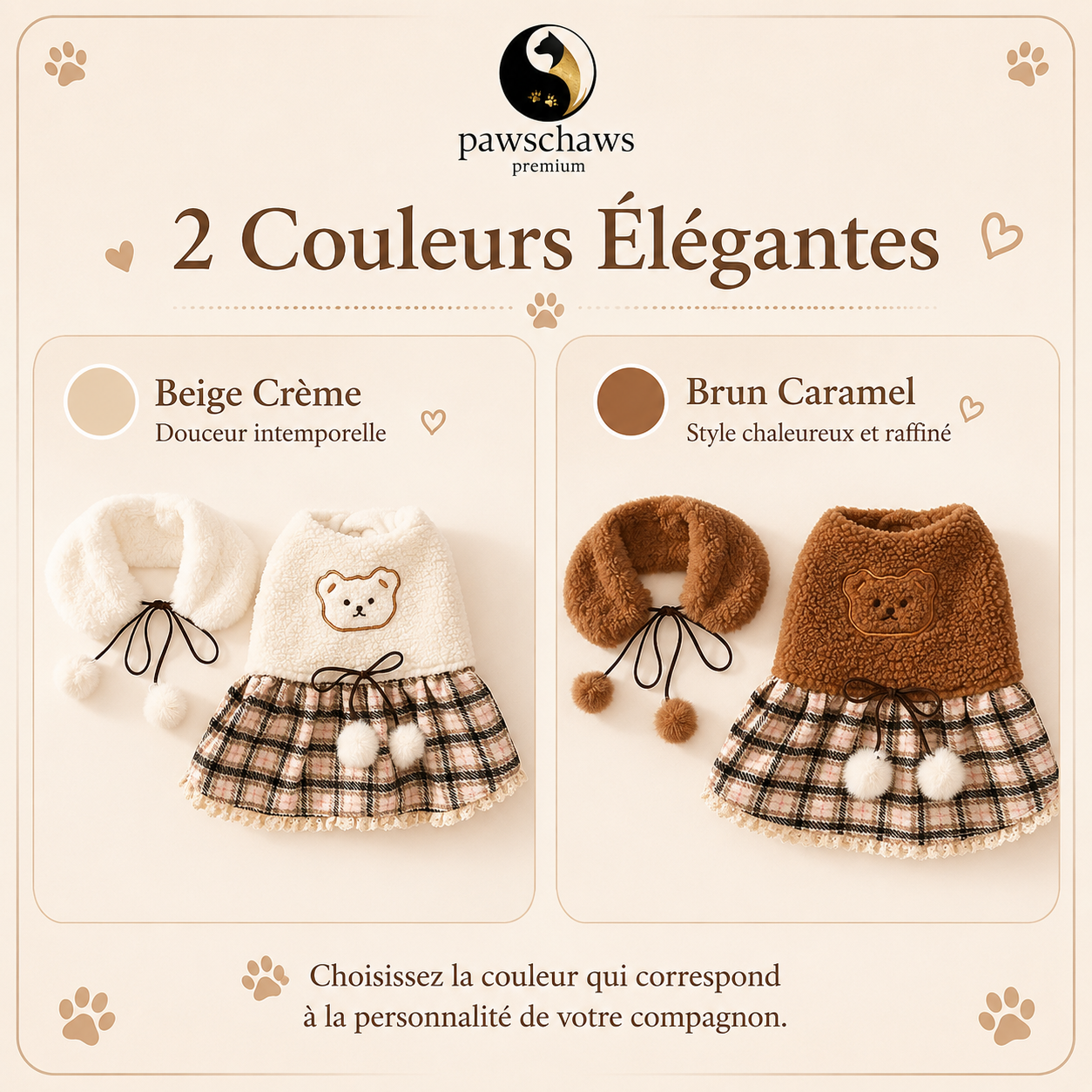 Comparaison des deux coloris disponibles de la robe pour chien Pawschaws Premium : beige crème et brun caramel avec finitions douces et élégantes.