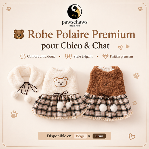 Robe polaire premium pour chien et chat disponible en beige crème et brun caramel avec col doux, motif ourson et jupe à carreaux élégante.