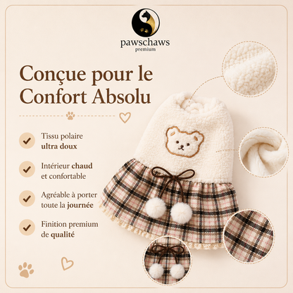 Détail de la matière polaire ultra douce de la robe pour chien Pawschaws Premium offrant chaleur, confort et élégance au quotidien.