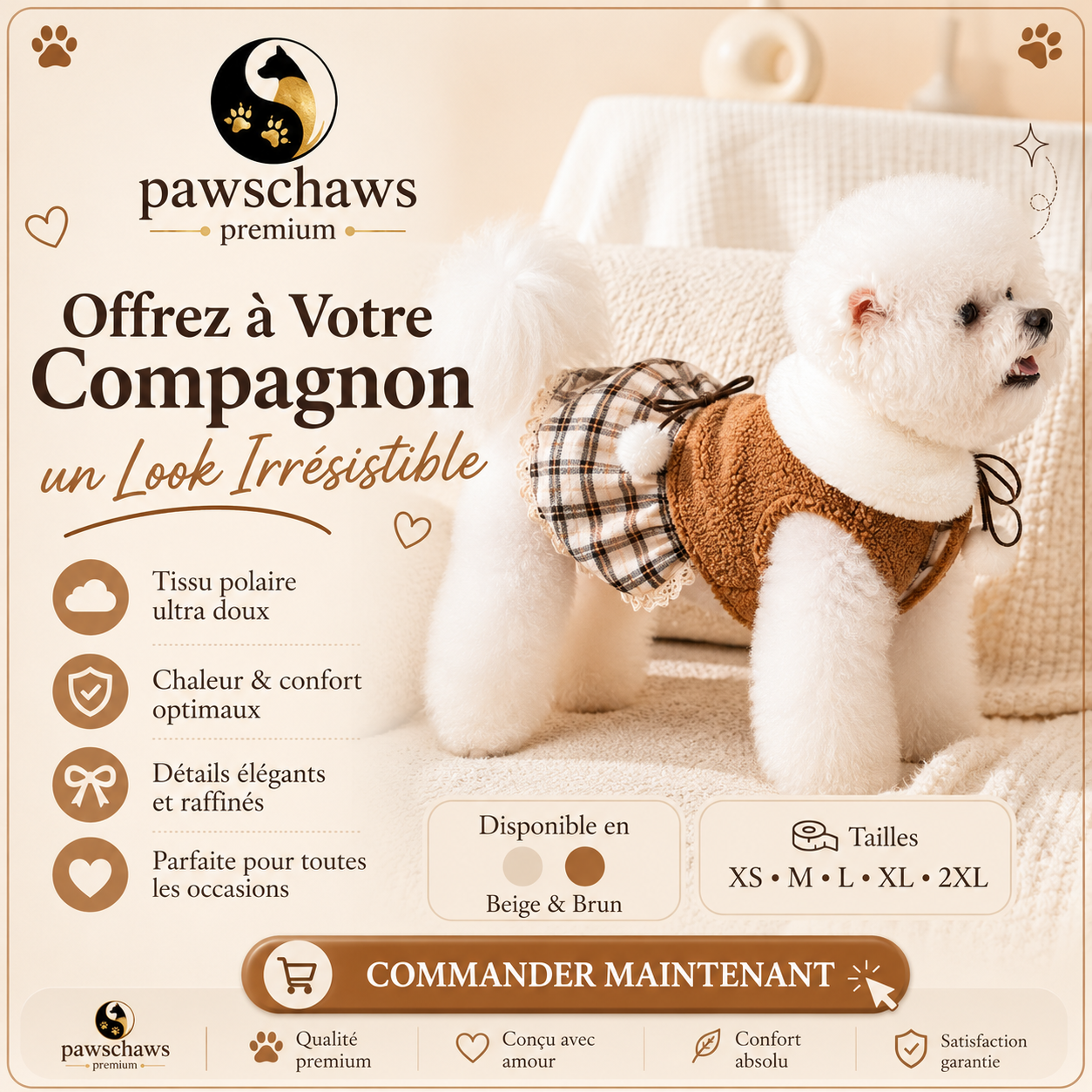 Robe premium pour chien alliant élégance, chaleur et confort, disponible du XS au 2XL en beige crème et brun caramel.