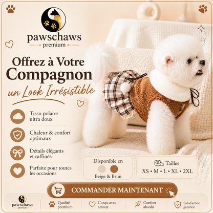 Robe premium pour chien alliant élégance, chaleur et confort, disponible du XS au 2XL en beige crème et brun caramel.