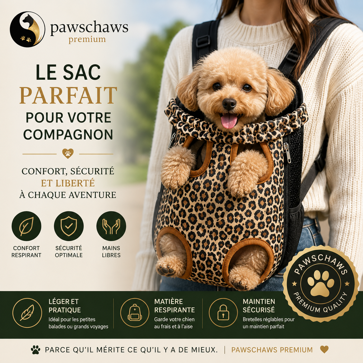 Chien confortablement installé dans le sac à dos de transport Pawschaws Premium pour les promenades et voyages quotidiens