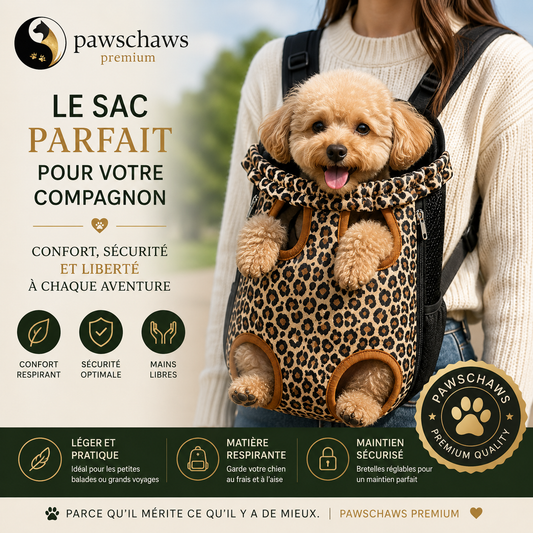 Chien confortablement installé dans le sac à dos de transport Pawschaws Premium pour les promenades et voyages quotidiens
