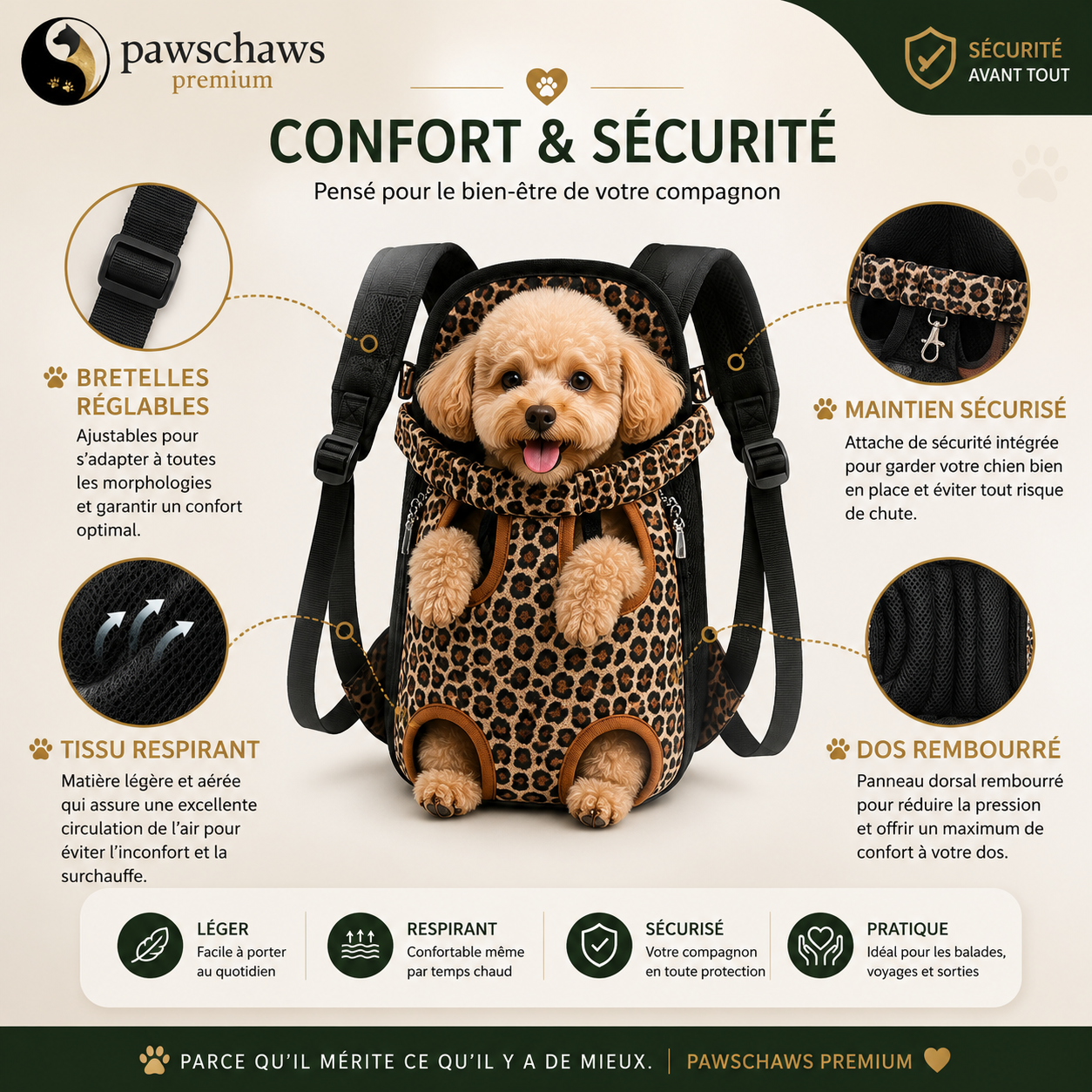Présentation des caractéristiques de confort, sécurité et respirabilité du sac de transport pour chien Pawschaws