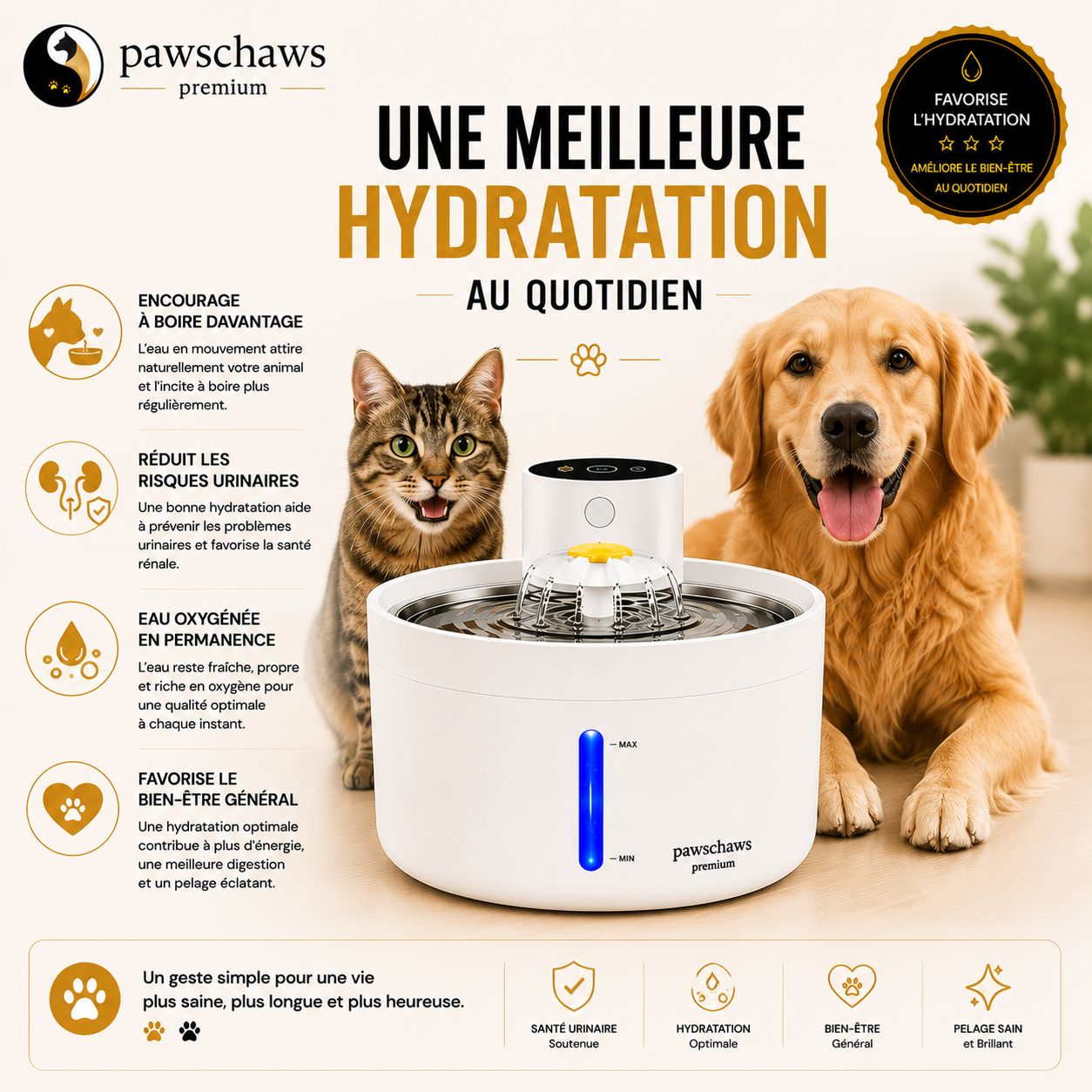 Chat et chien profitant d'une meilleure hydratation grâce à la fontaine à eau intelligente PawsChaws.